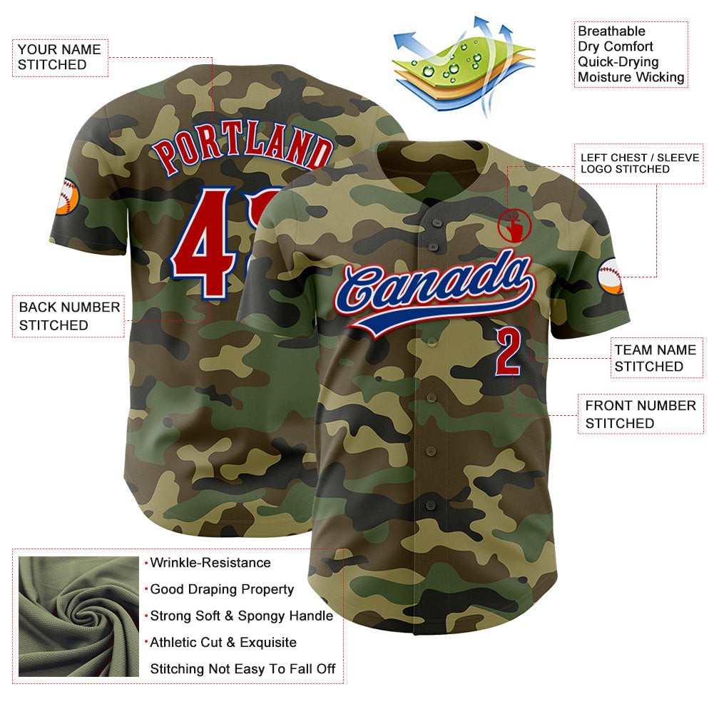 Custom Camo Red-Royal Authentic Salute To Service Baseball Jersey baseball jersey product view 3