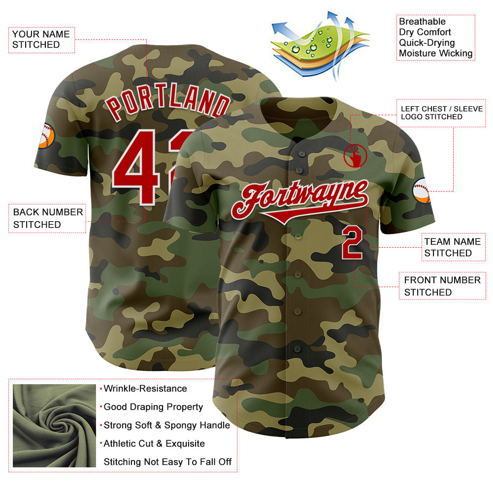 Custom Camo Red-White Authentic Salute To Service Baseball Jersey baseball jersey product view 3