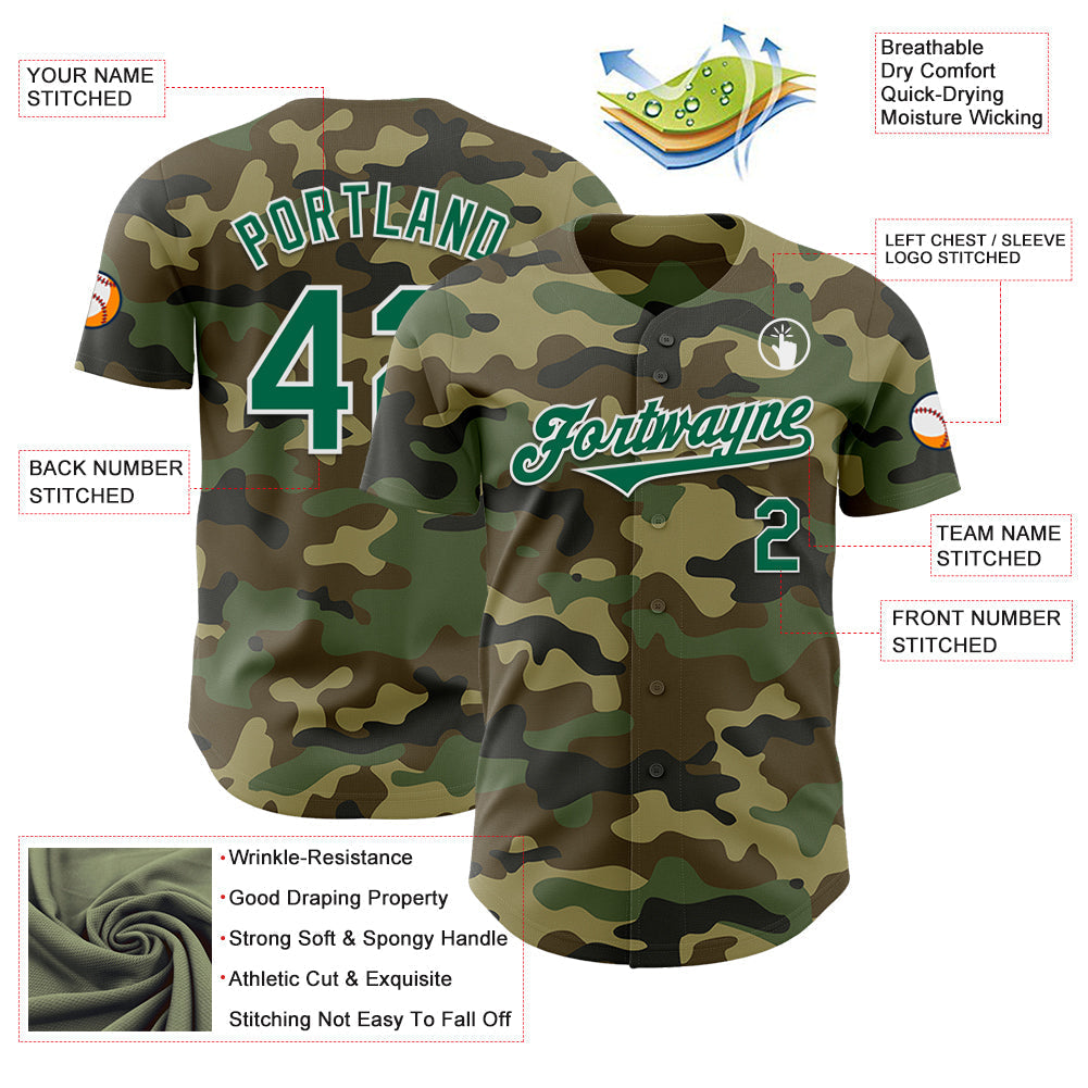 Custom Camo Kelly Green-White Authentic Salute To Service Baseball Jersey baseball jersey product view 3