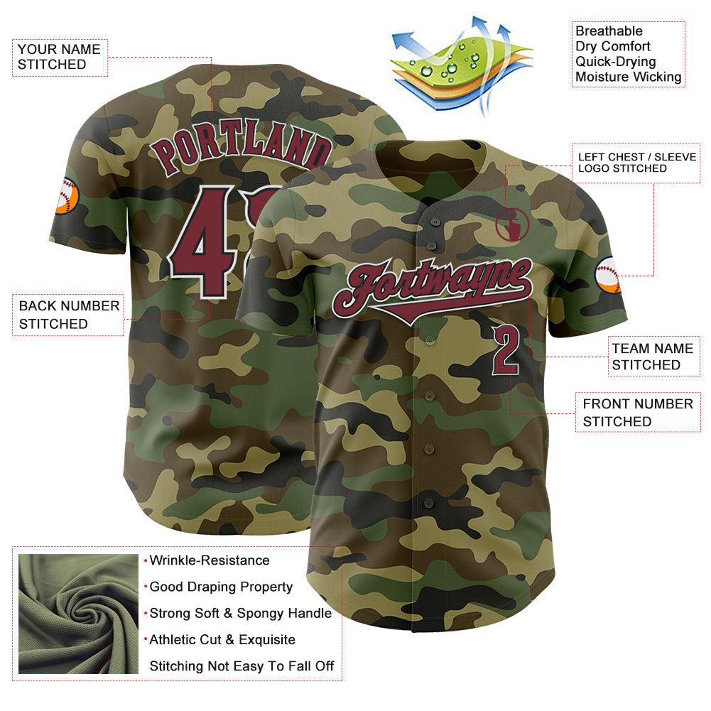 Custom Camo Burgundy-Black Authentic Salute To Service Baseball Jersey baseball jersey product view 3