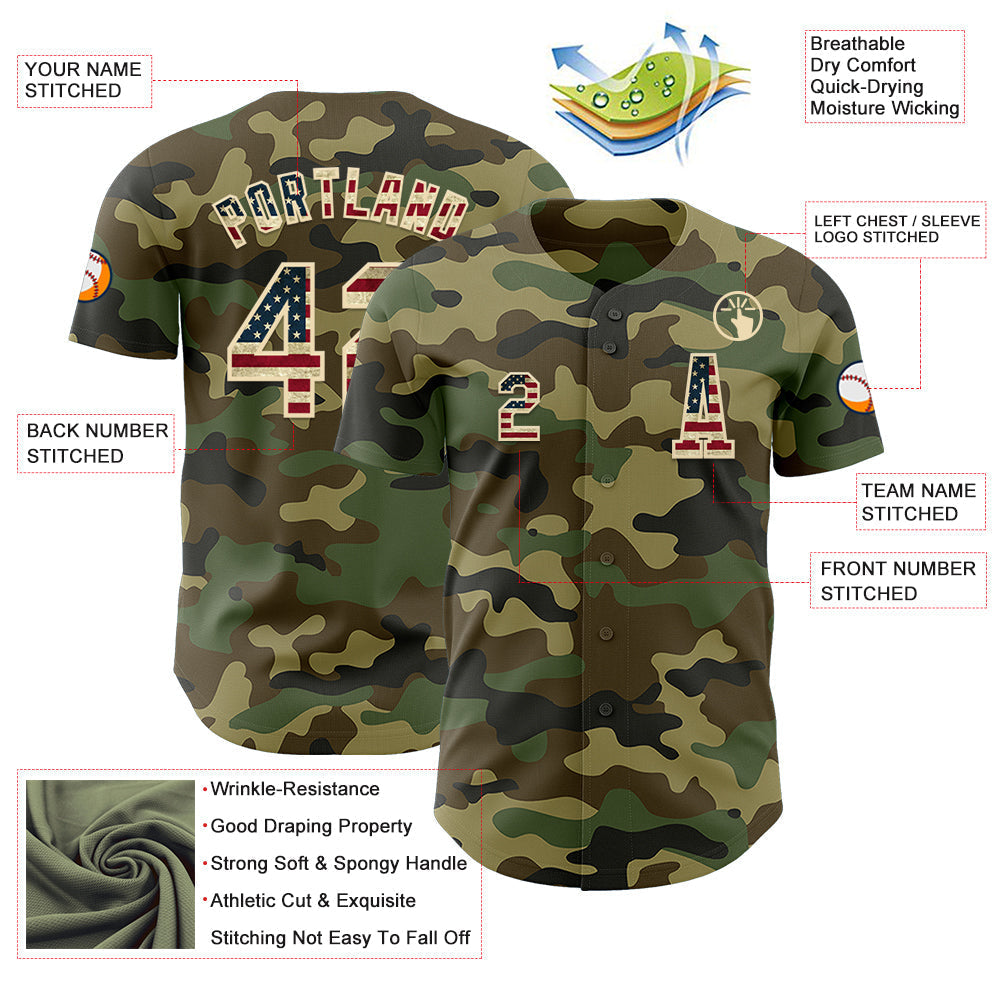 Custom Camo Vintage USA Flag-Cream Authentic Salute To Service Baseball Jersey baseball jersey product view 2