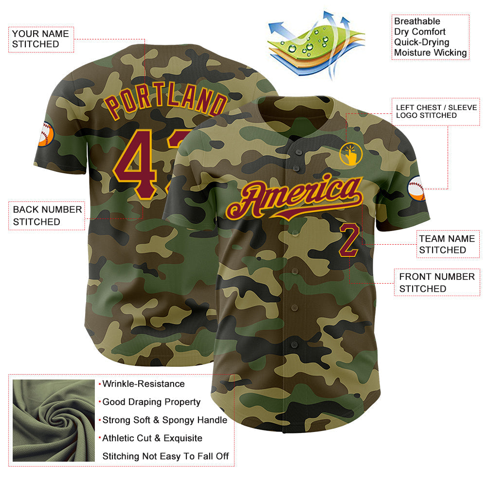 Custom Camo Crimson-Gold Authentic Salute To Service Baseball Jersey baseball jersey product view 3