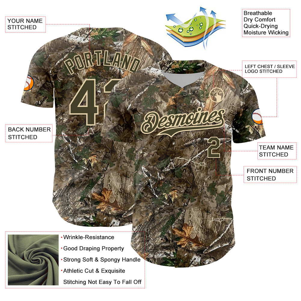 Custom Camo Olive-Cream 3D Woodland Camo Authentic Salute To Service Baseball Jersey baseball jersey product view 3