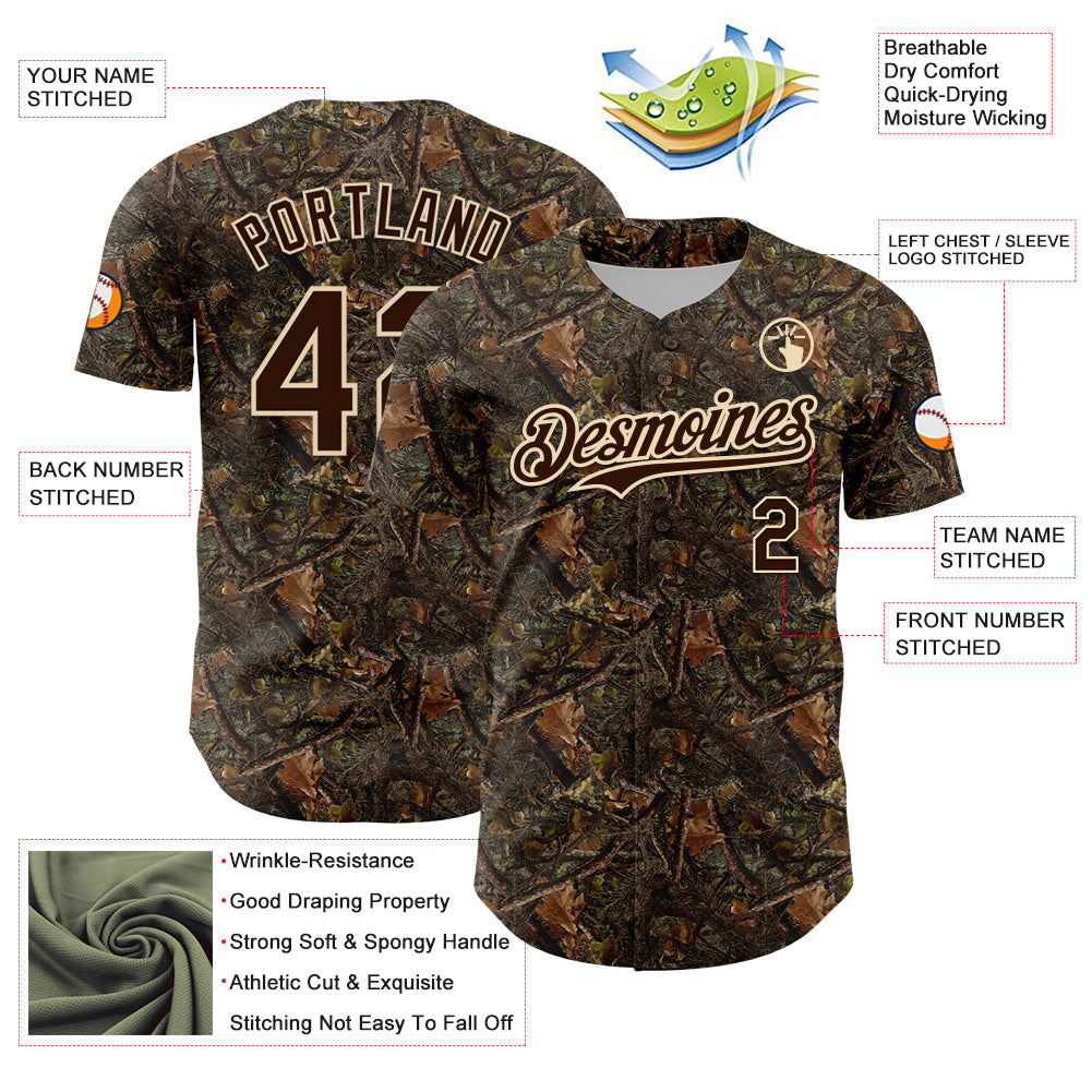 Custom Camo Brown-Cream 3D Woodland Camo Authentic Salute To Service Baseball Jersey baseball jersey product view 3