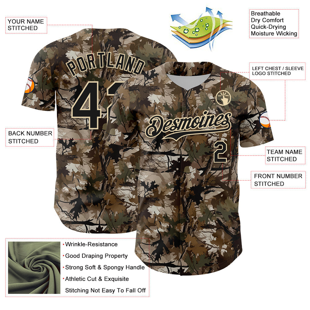 Custom Camo Black-Cream 3D Woodland Camo Authentic Salute To Service Baseball Jersey baseball jersey product view 3