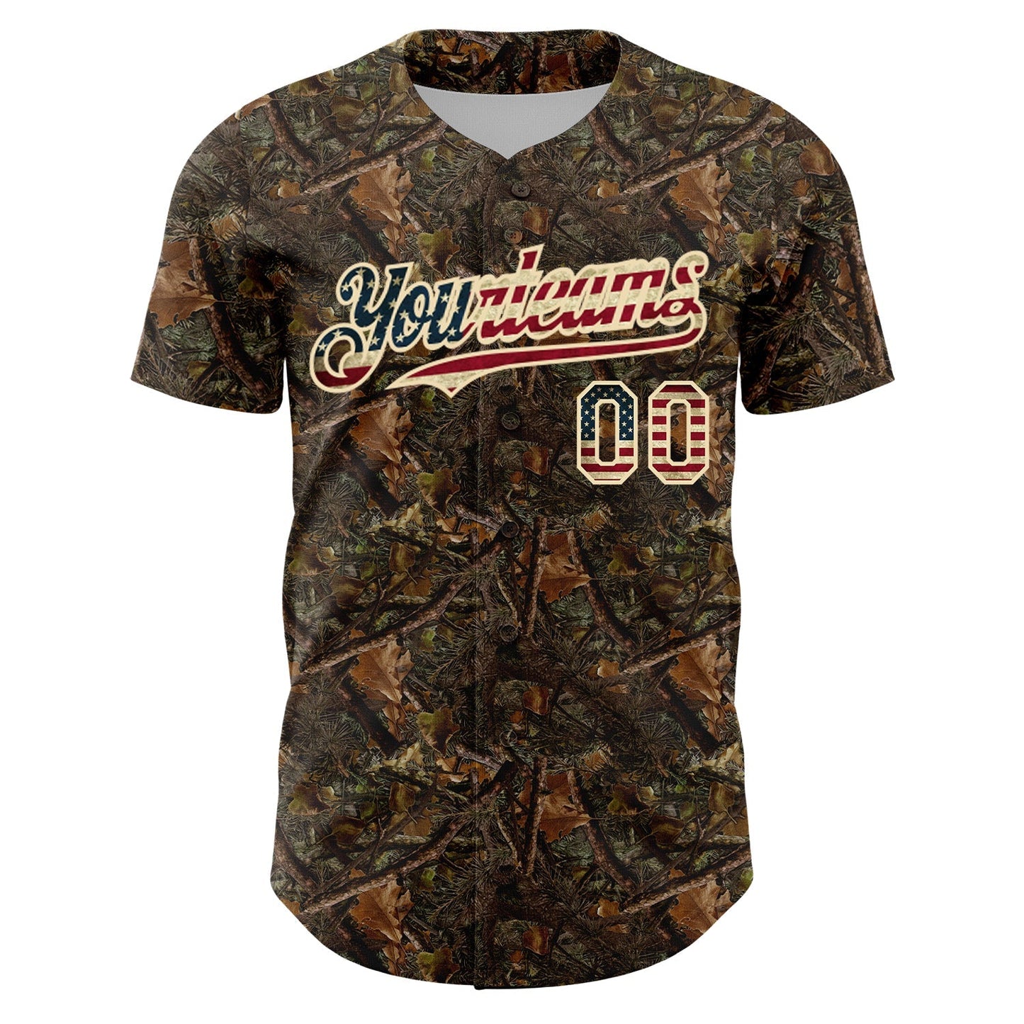 Custom Camo Vintage USA Flag-Cream 3D Woodland Camo Authentic Salute To Service Baseball Jersey baseball jersey product view 2