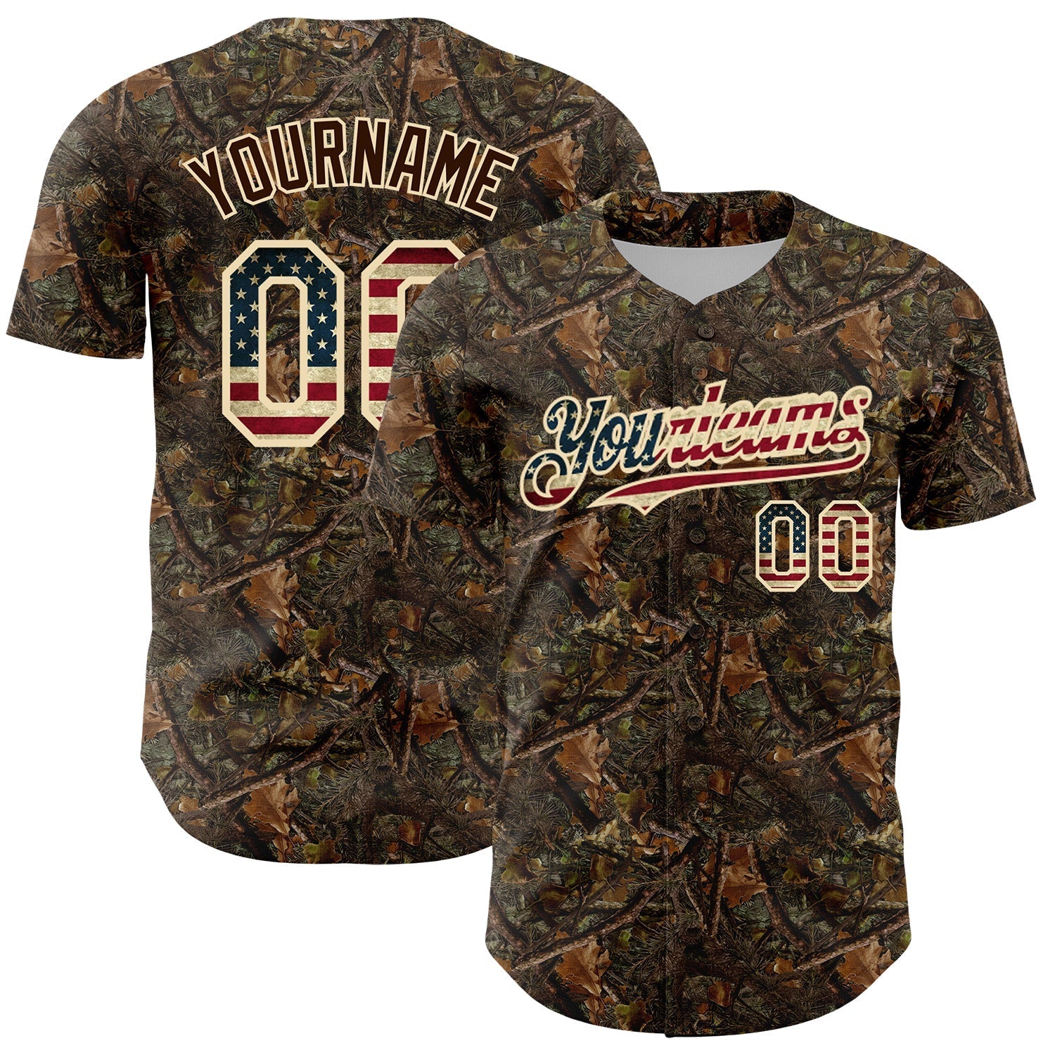 Custom Camo Vintage USA Flag-Cream 3D Woodland Camo Authentic Salute To Service Baseball Jersey baseball jersey product view 1