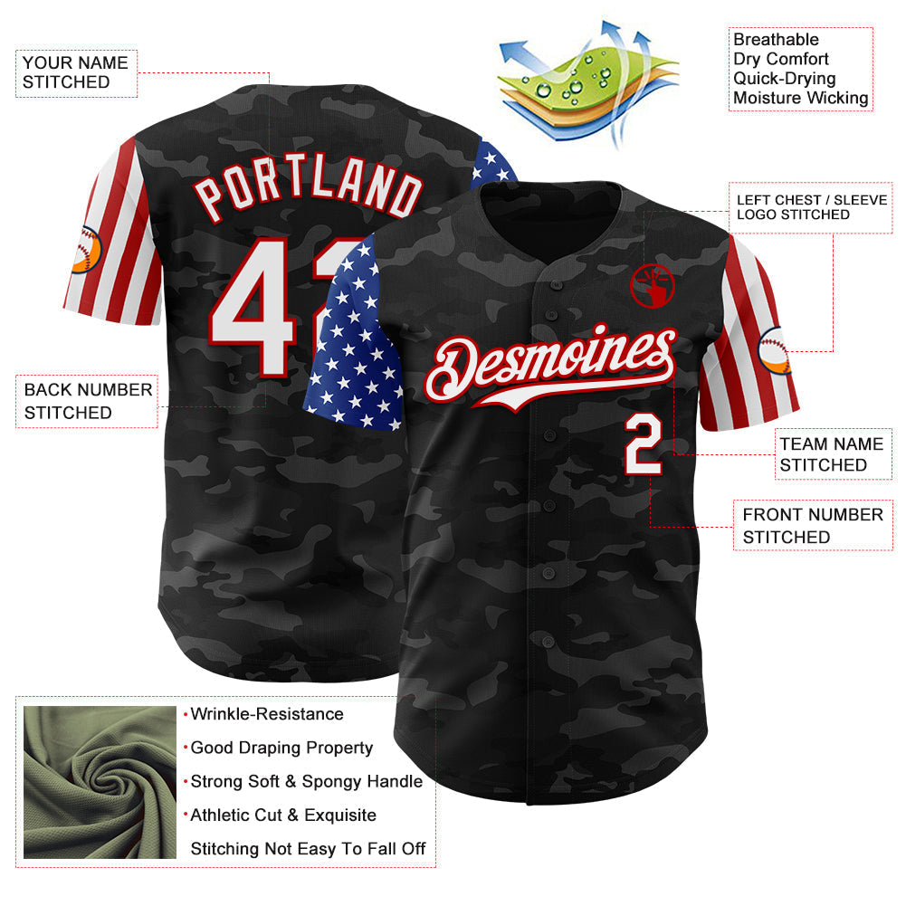 Custom Camo White-Red 3D American Flag Authentic Salute To Service Baseball Jersey baseball jersey product view 3