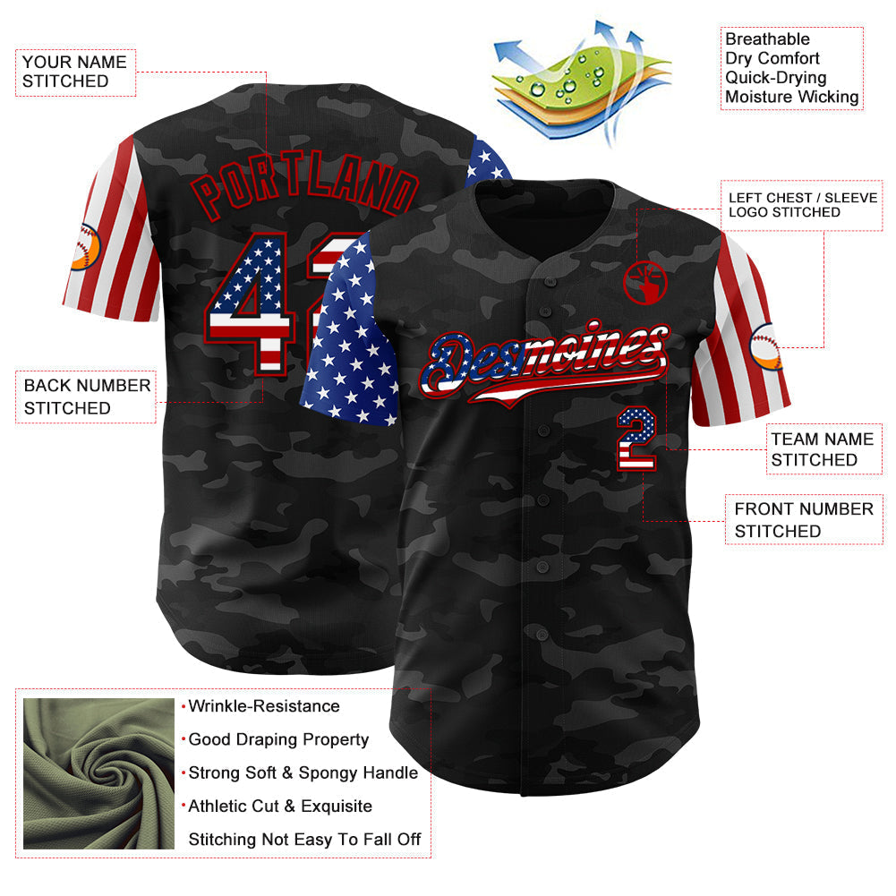 Custom Camo USA Flag Black-Red 3D Authentic Salute To Service Baseball Jersey baseball jersey product view 3