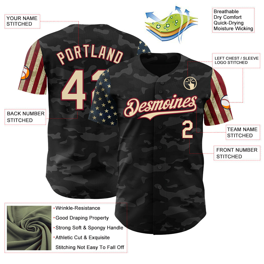 Custom Camo Cream-Crimson 3D American Flag Authentic Salute To Service Baseball Jersey baseball jersey product view 3