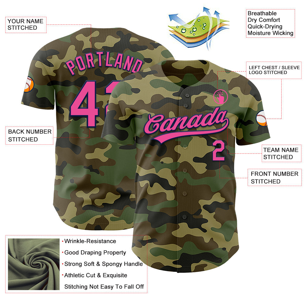 Custom Camo Pink-Navy Authentic Salute To Service Baseball Jersey baseball jersey product view 3