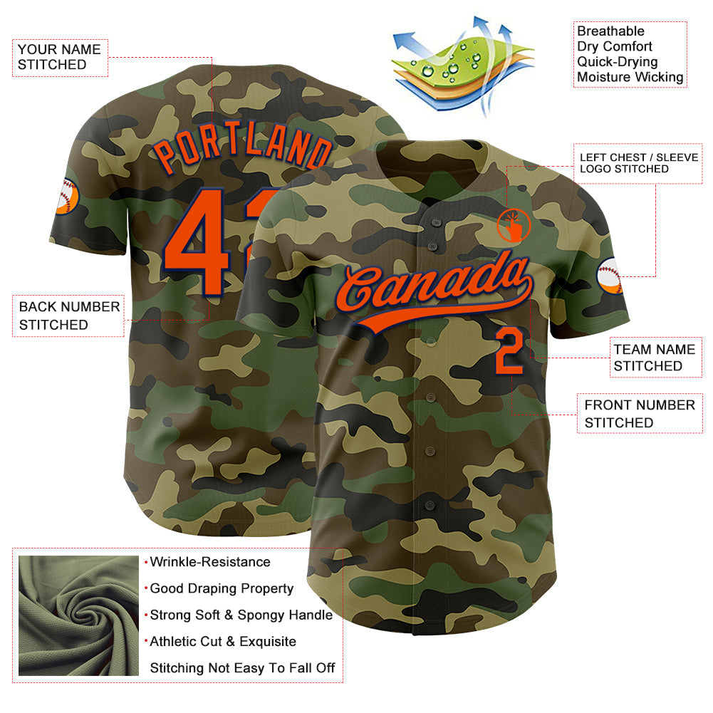 Custom Camo Orange-Navy Authentic Salute To Service Baseball Jersey baseball jersey product view 3