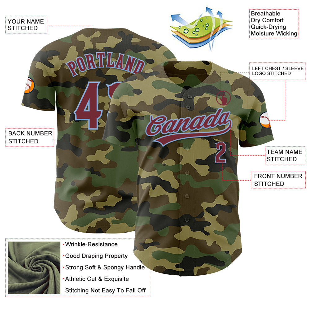 Custom Camo Burgundy-Light Blue Authentic Salute To Service Baseball Jersey baseball jersey product view 3