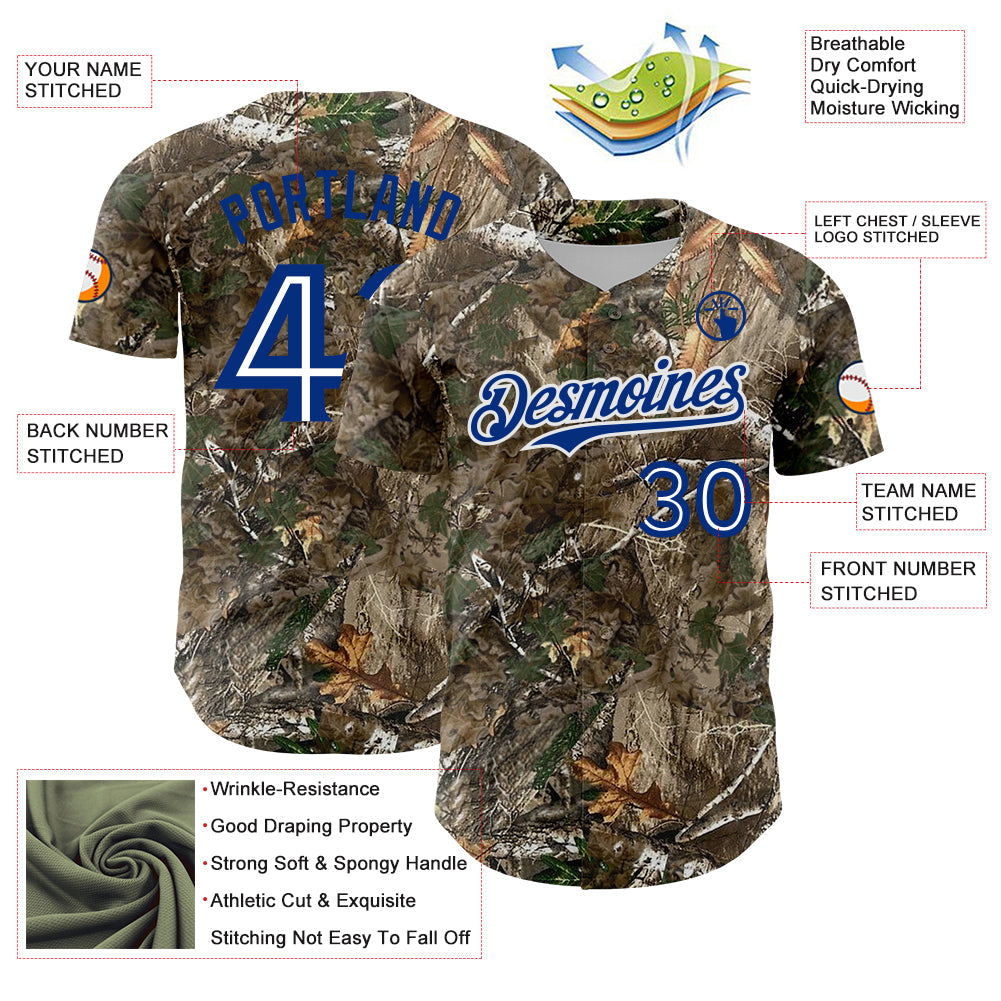 Custom Camo White-Royal Woodland Forest Camouflage Authentic Salute To Service Baseball Jersey baseball jersey product view 3