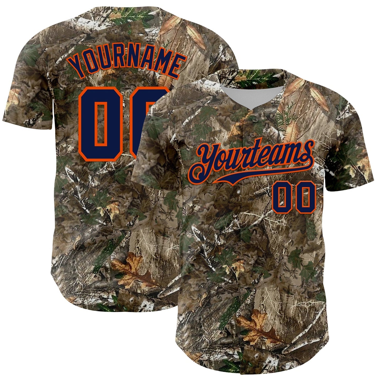 Custom Camo Navy-Orange Woodland Forest Camouflage Authentic Salute To Service Baseball Jersey baseball jersey product view 1
