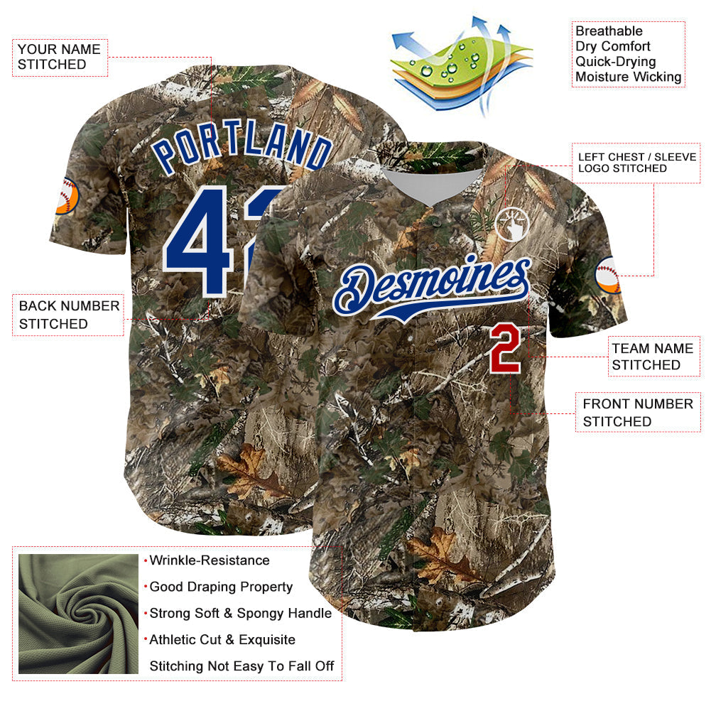 Custom Camo Royal Red-White Woodland Forest Camouflage Authentic Salute To Service Baseball Jersey baseball jersey product view 3