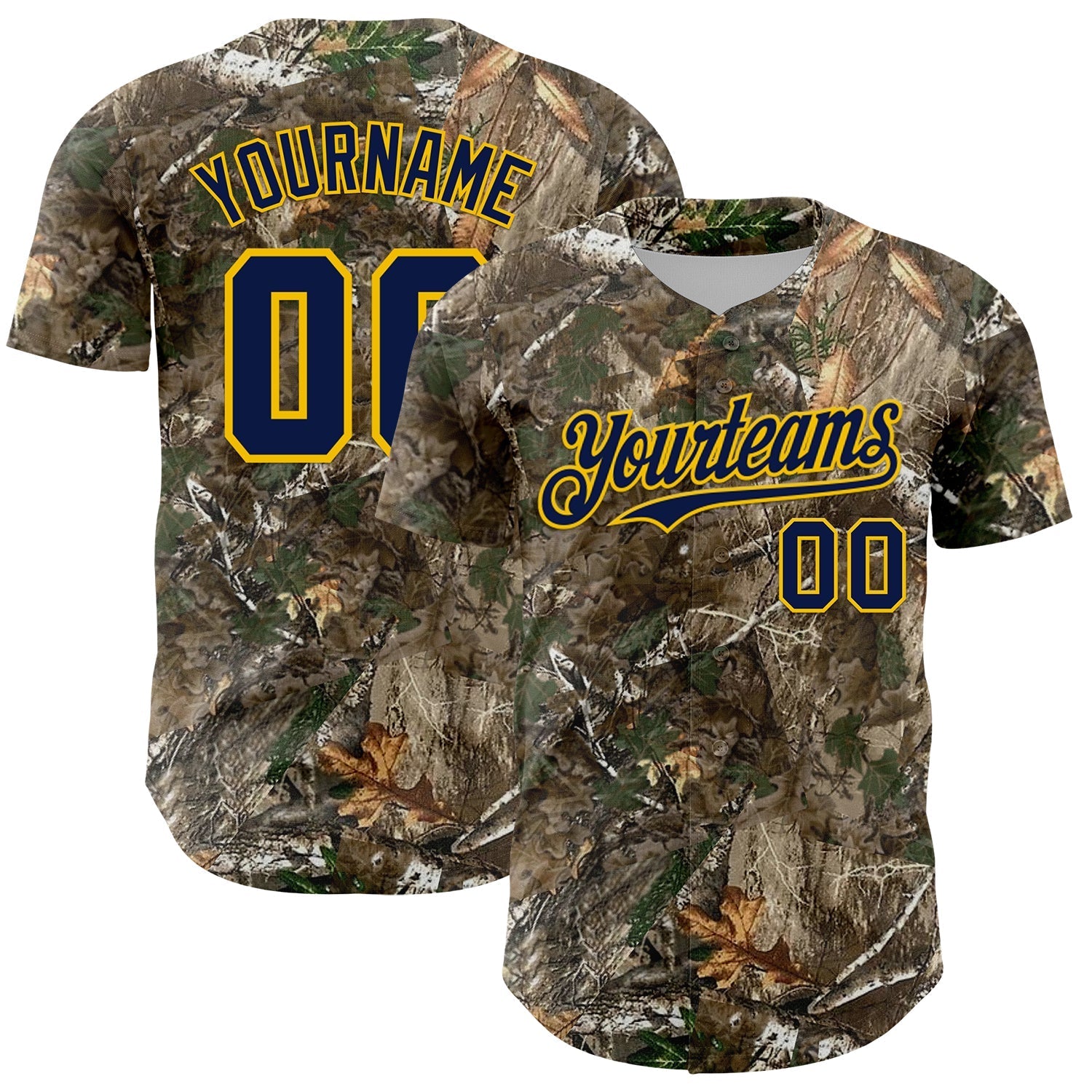 Custom Camo Navy-Yellow Woodland Forest Camouflage Authentic Salute To Service Baseball Jersey baseball jersey product view 1
