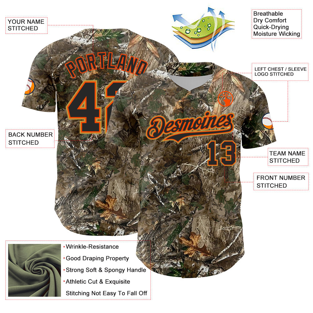 Custom Camo Black Orange-Old Gold Woodland Forest Camouflage Authentic Salute To Service Baseball Jersey baseball jersey product view 3