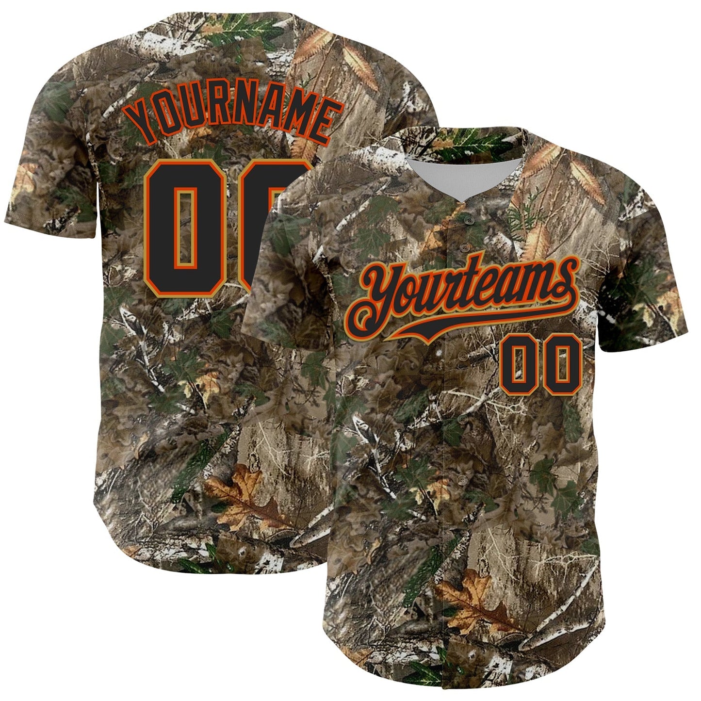 Custom Camo Black Orange-Old Gold Woodland Forest Camouflage Authentic Salute To Service Baseball Jersey baseball jersey product view 1