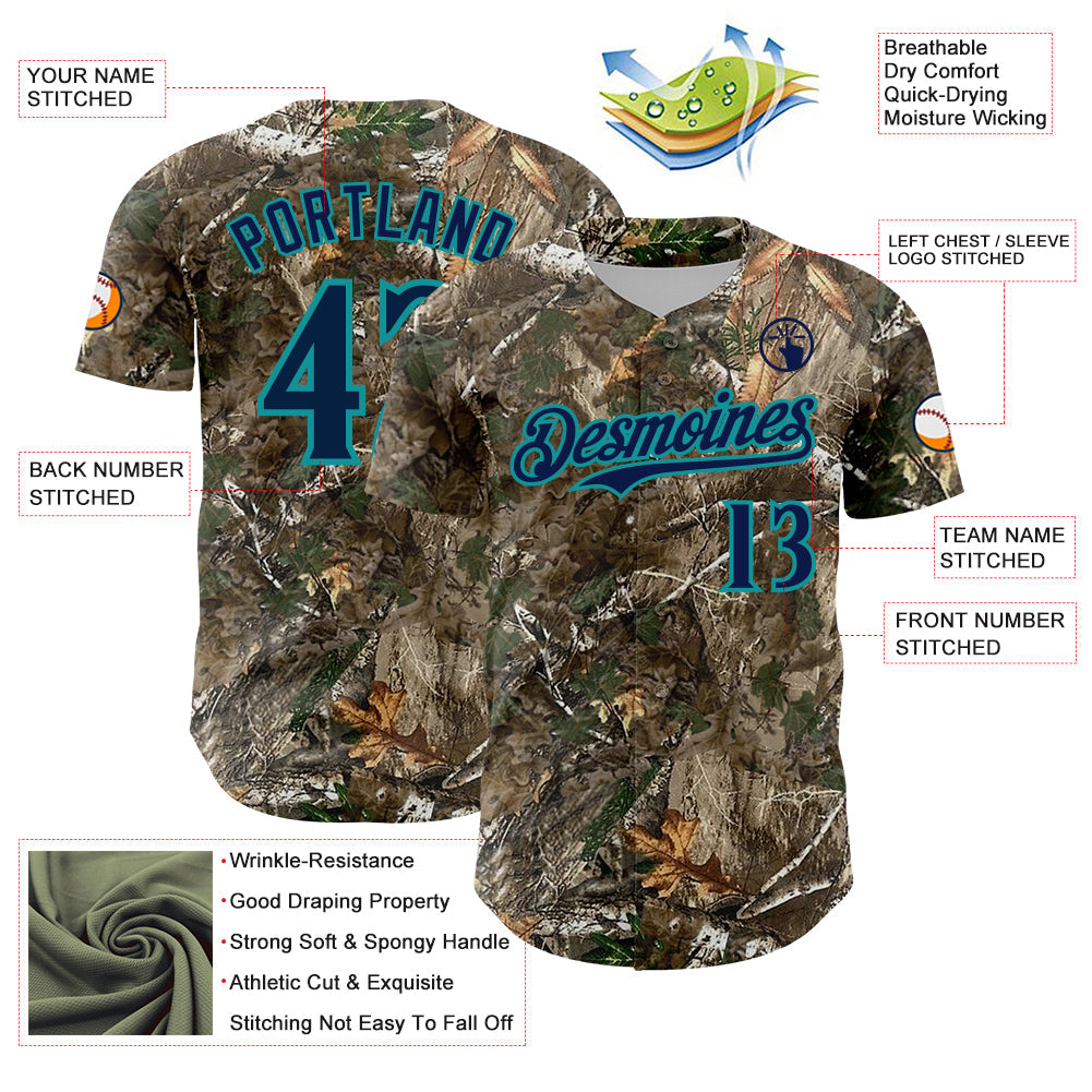 Custom Camo Navy-Teal Woodland Forest Camouflage Authentic Salute To Service Baseball Jersey baseball jersey product view 3