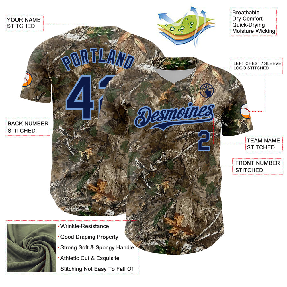 Custom Camo Navy-Powder Blue Woodland Forest Camouflage Authentic Salute To Service Baseball Jersey baseball jersey product view 3