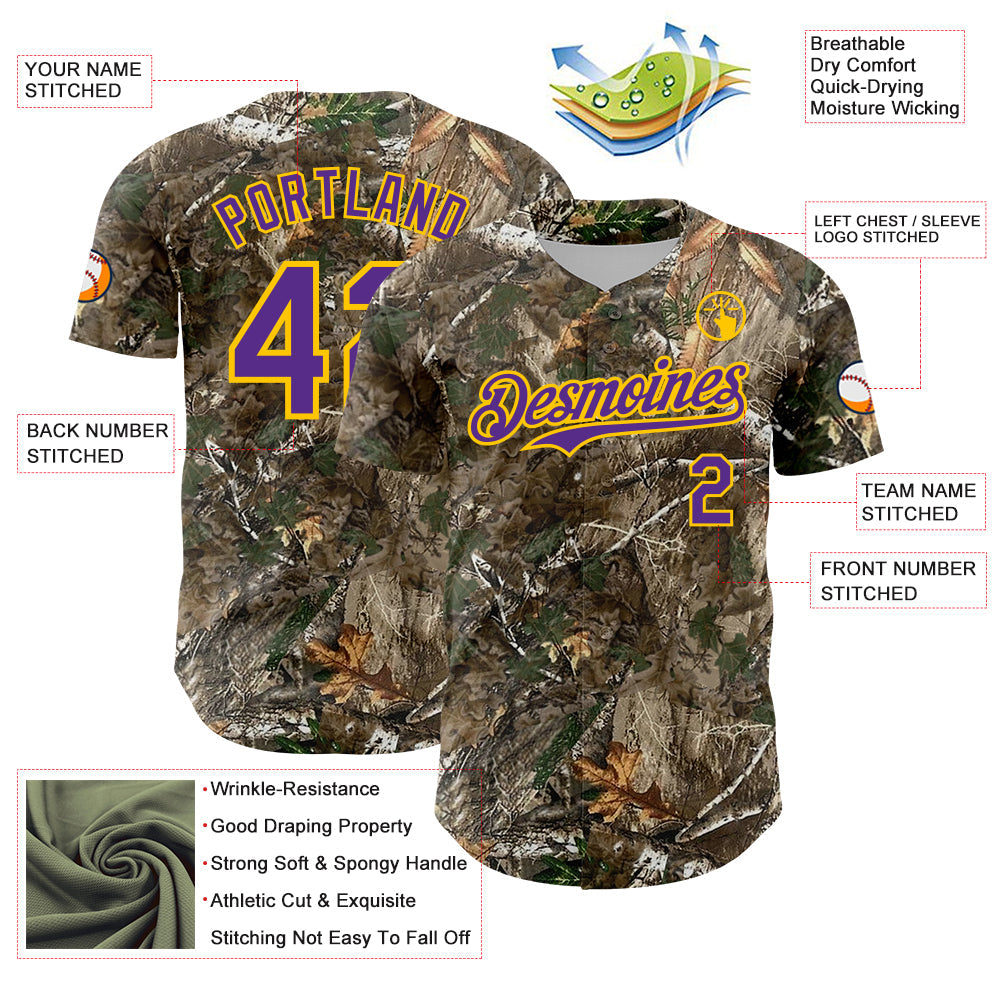 Custom Camo Purple-Yellow Woodland Forest Camouflage Authentic Salute To Service Baseball Jersey baseball jersey product view 3