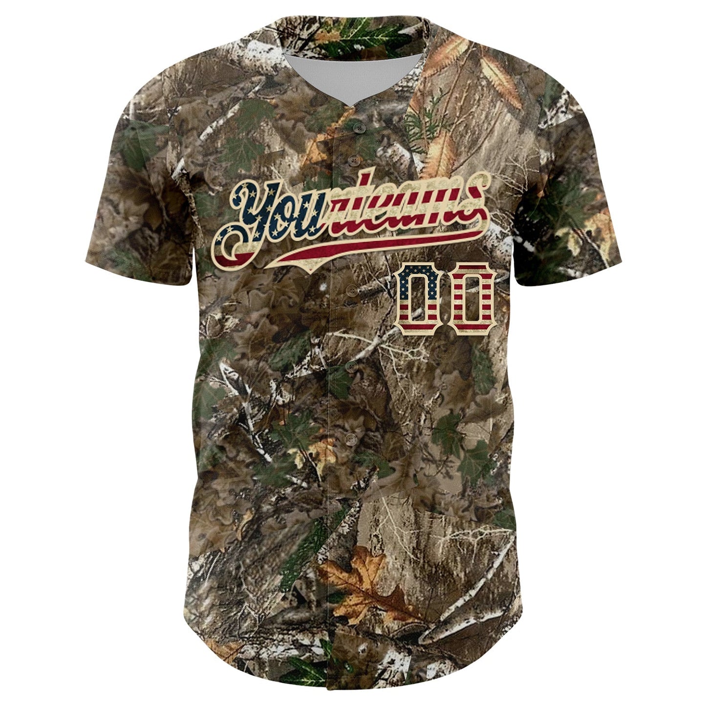 Custom Camo Vintage USA Flag-Cream Woodland Forest Camouflage Authentic Salute To Service Baseball Jersey baseball jersey product view 2
