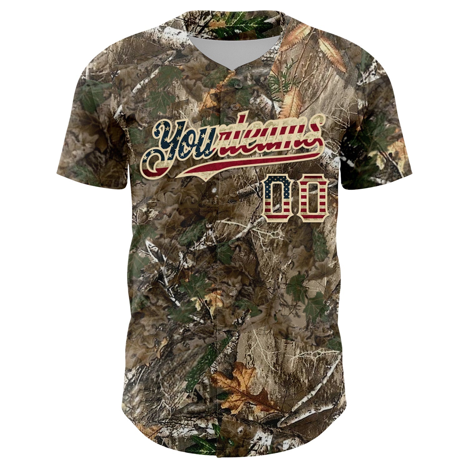 Custom Camo Vintage USA Flag-Cream Woodland Forest Camouflage Authentic Salute To Service Baseball Jersey baseball jersey product view 2