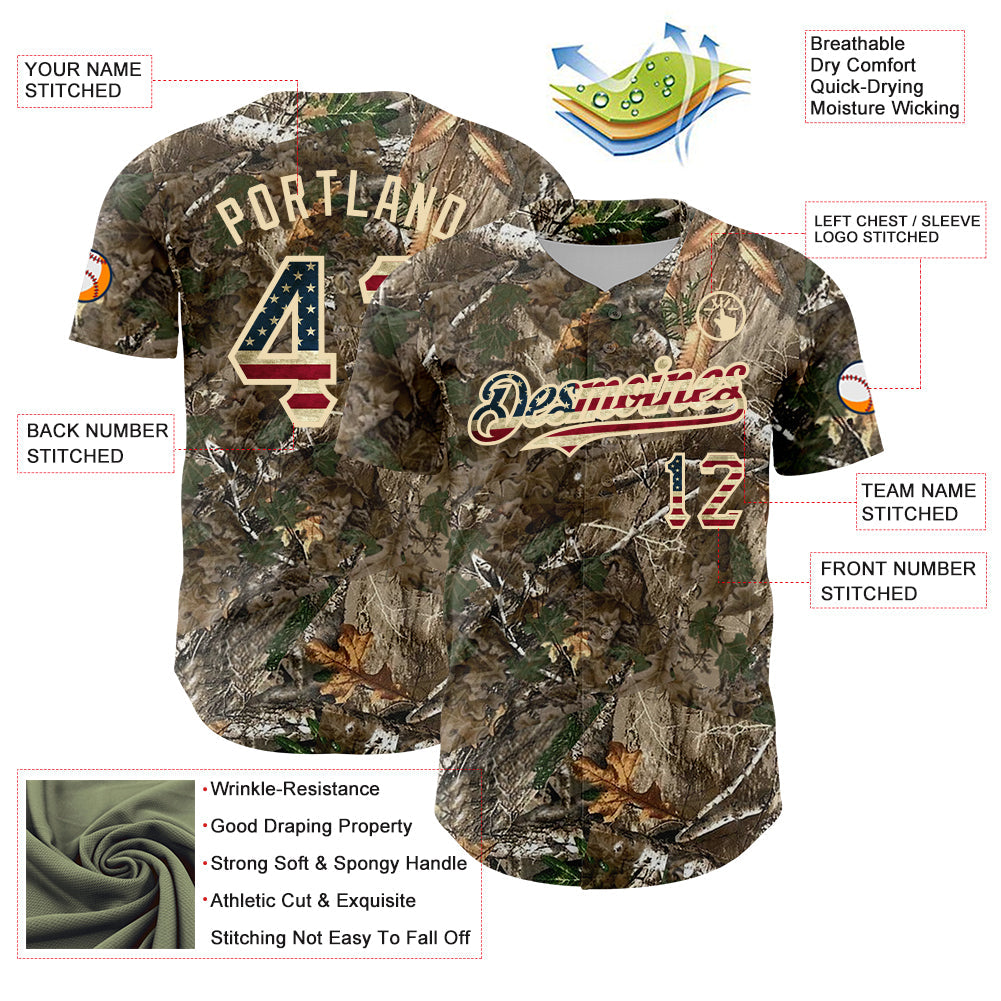 Custom Camo Vintage USA Flag-Cream Woodland Forest Camouflage Authentic Salute To Service Baseball Jersey baseball jersey product view 3