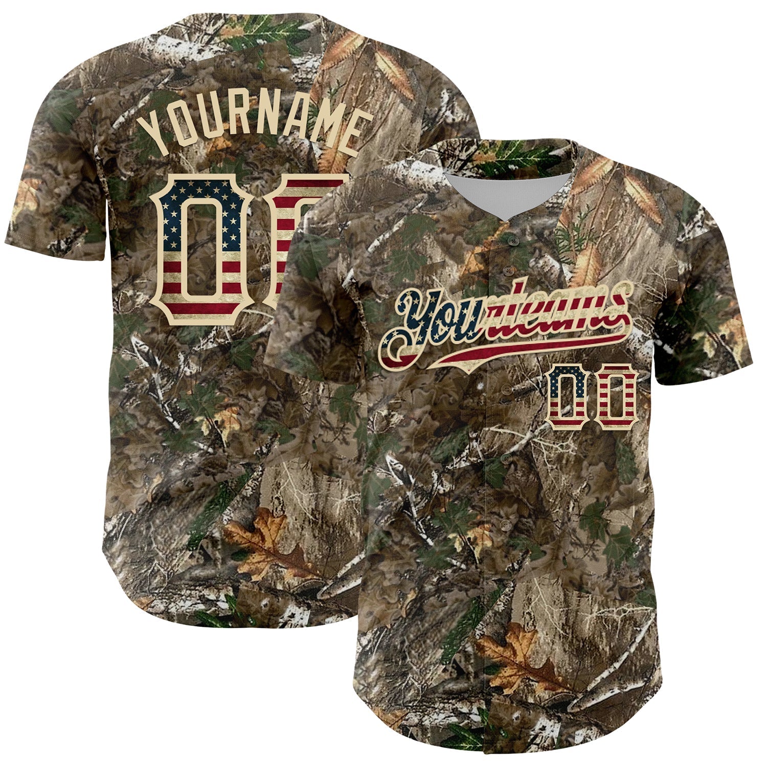 Custom Camo Vintage USA Flag-Cream Woodland Forest Camouflage Authentic Salute To Service Baseball Jersey baseball jersey product view 1