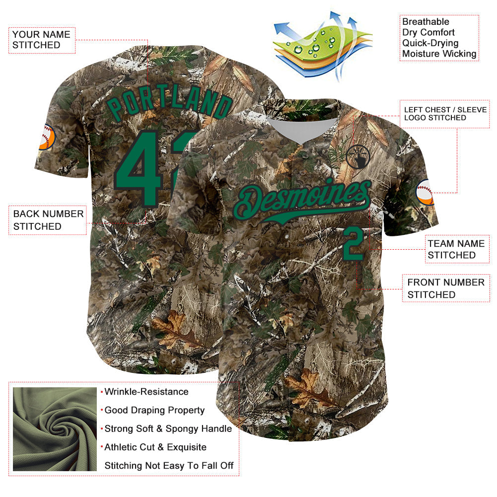 Custom Camo Kelly Green-Black Woodland Forest Camouflage Authentic Salute To Service Baseball Jersey baseball jersey product view 3
