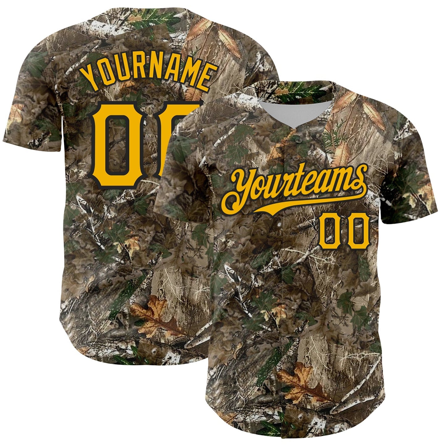 Custom Camo Gold-Black Woodland Forest Camouflage Authentic Salute To Service Baseball Jersey baseball jersey product view 1