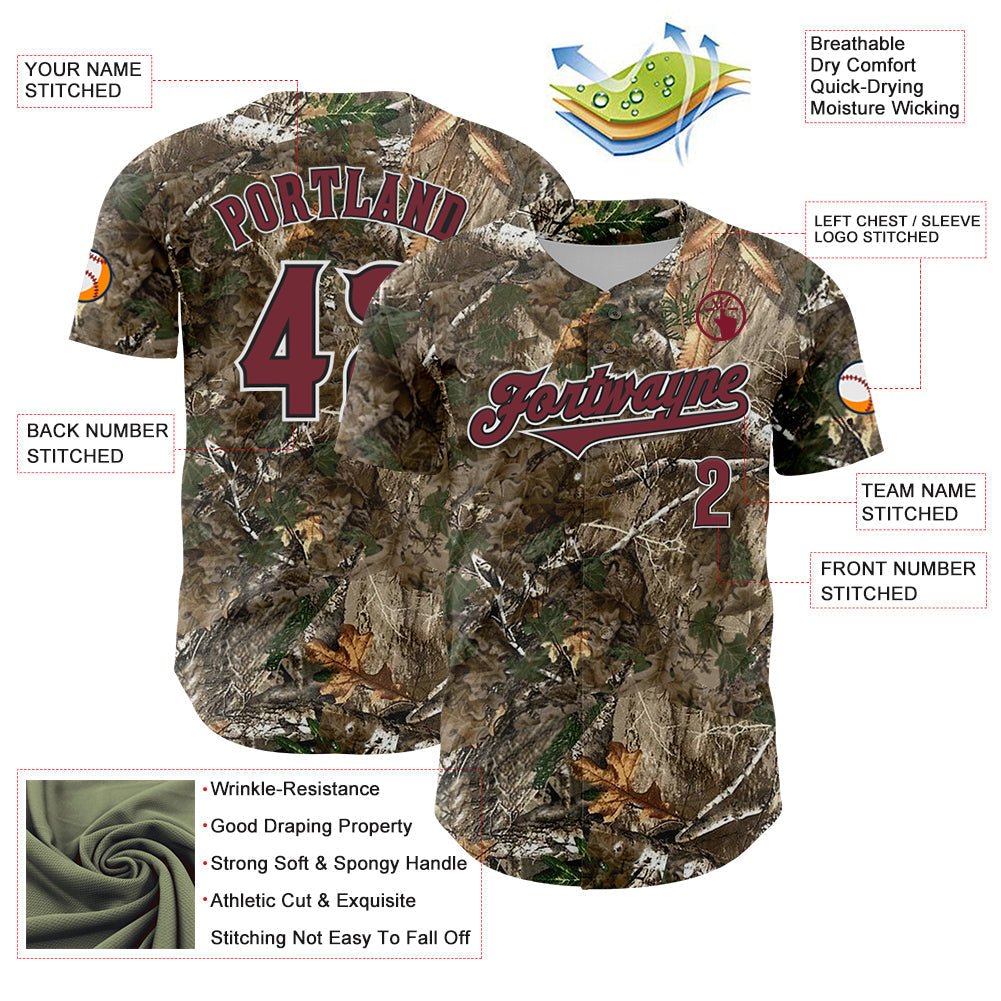 Custom Camo Burgundy White-Black Woodland Forest Camouflage Authentic Salute To Service Baseball Jersey baseball jersey product view 3