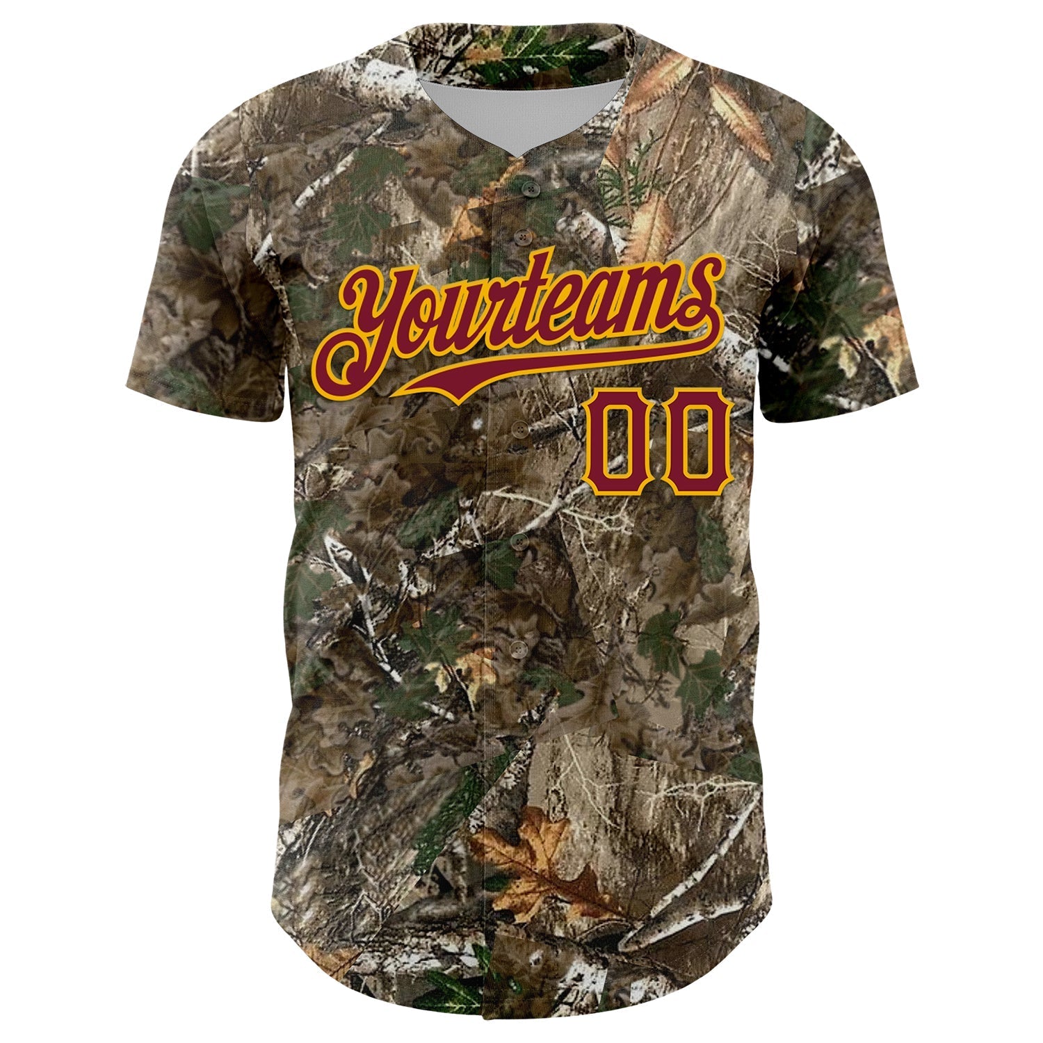 Custom Camo Crimson-Gold Woodland Forest Camouflage Authentic Salute To Service Baseball Jersey baseball jersey product view 2