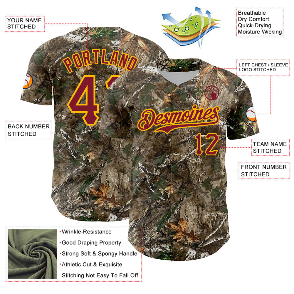 Custom Camo Crimson-Gold Woodland Forest Camouflage Authentic Salute To Service Baseball Jersey baseball jersey product view 3