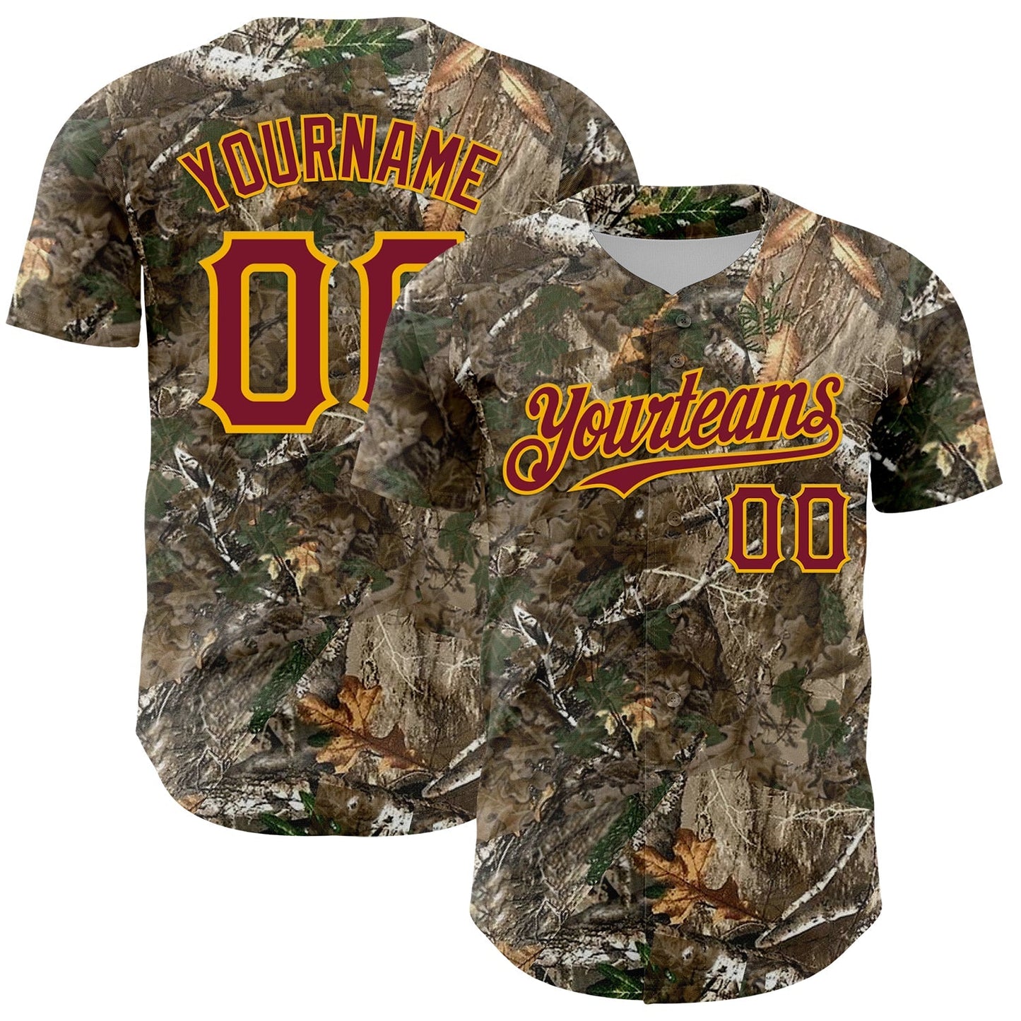 Custom Camo Crimson-Gold Woodland Forest Camouflage Authentic Salute To Service Baseball Jersey baseball jersey product view 1