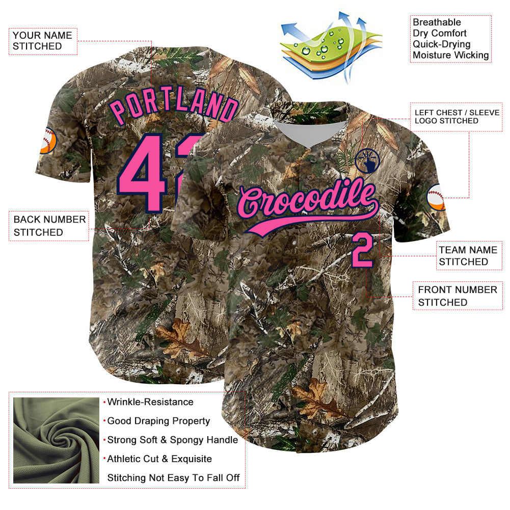 Custom Camo Pink-Navy Woodland Forest Camouflage Authentic Salute To Service Baseball Jersey baseball jersey product view 3