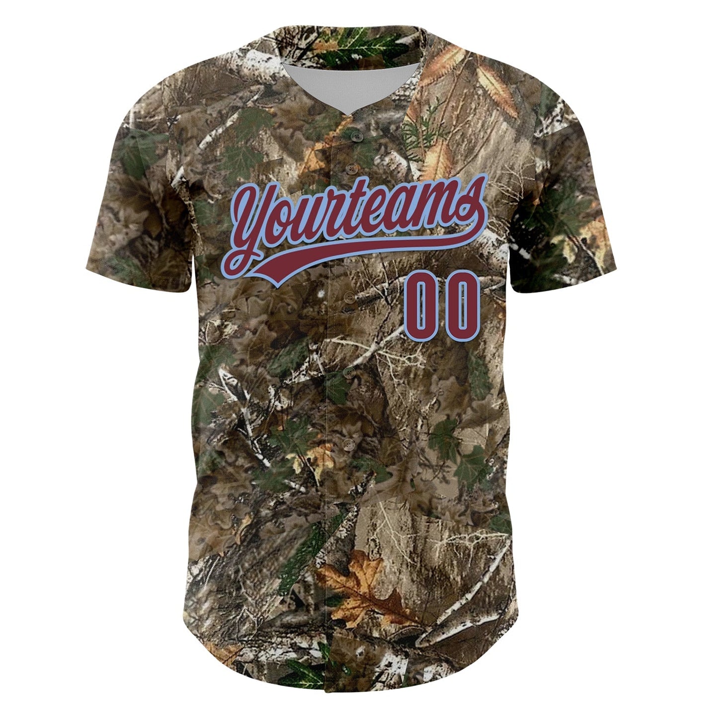 Custom Camo Burgundy-Light Blue Woodland Forest Camouflage Authentic Salute To Service Baseball Jersey baseball jersey product view 2