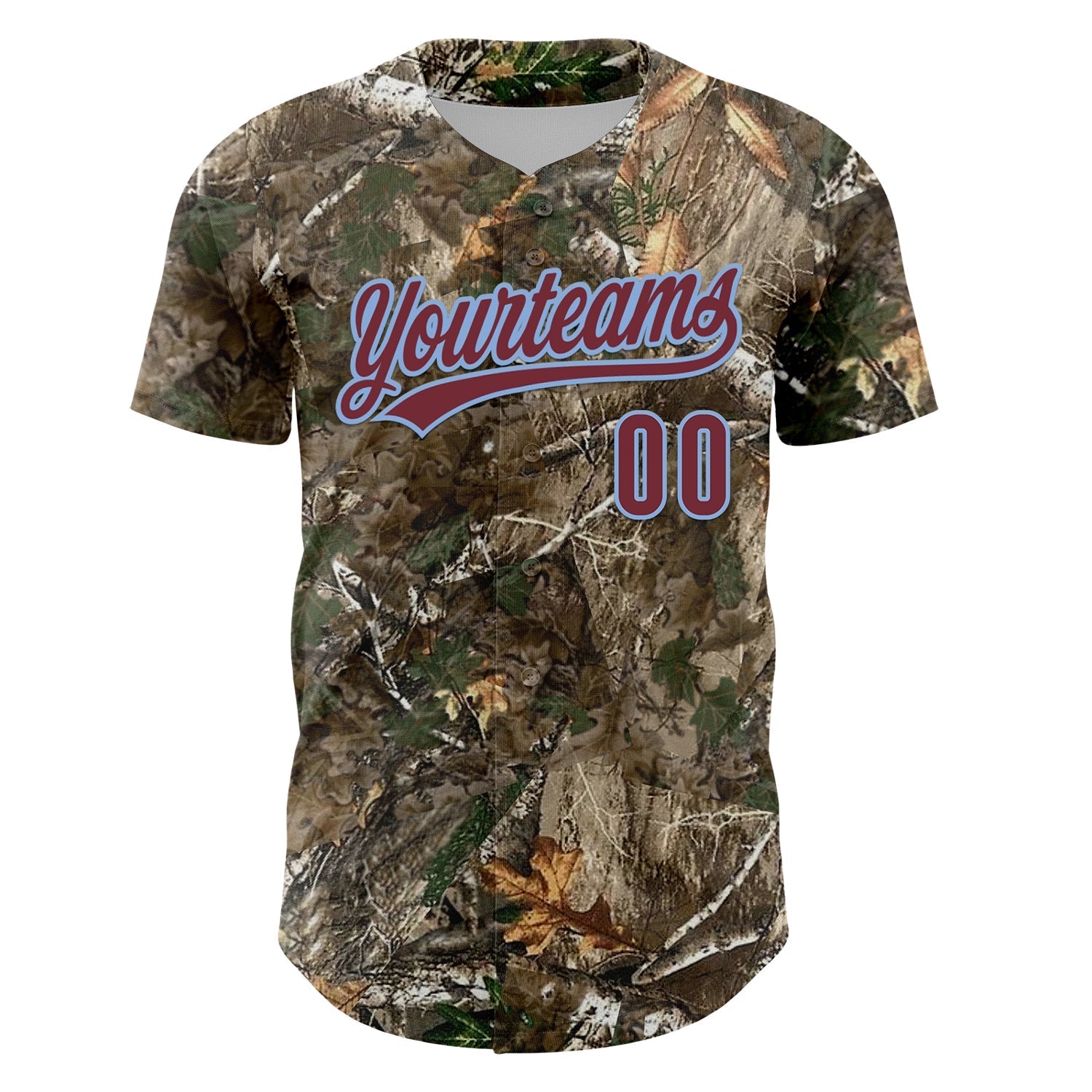 Custom Camo Burgundy-Light Blue Woodland Forest Camouflage Authentic Salute To Service Baseball Jersey baseball jersey product view 2
