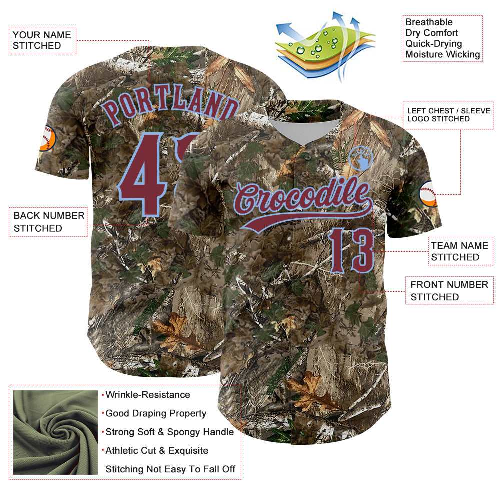 Custom Camo Burgundy-Light Blue Woodland Forest Camouflage Authentic Salute To Service Baseball Jersey baseball jersey product view 3
