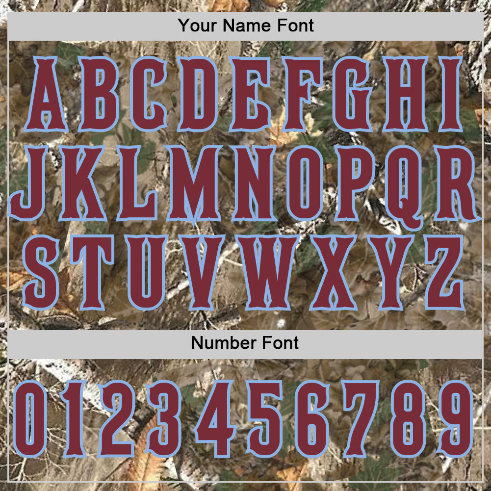 Custom Camo Burgundy-Light Blue Woodland Forest Camouflage Authentic Salute To Service Baseball Jersey baseball jersey product view 5