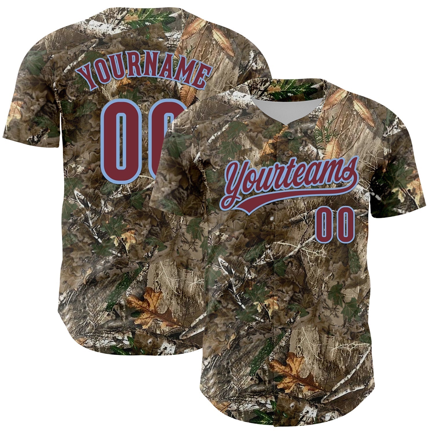 Custom Camo Burgundy-Light Blue Woodland Forest Camouflage Authentic Salute To Service Baseball Jersey baseball jersey product view 1