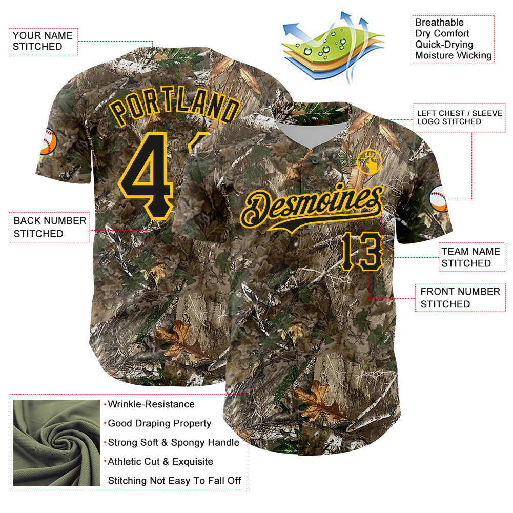 Custom Camo Black-Yellow Woodland Forest Camouflage Authentic Salute To Service Baseball Jersey baseball jersey product view 3