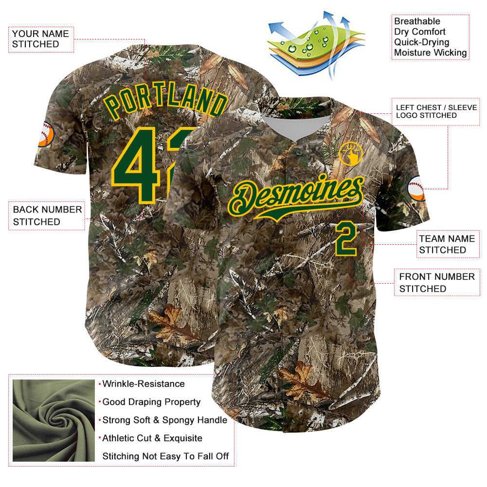 Custom Camo Green-Yellow Woodland Forest Camouflage Authentic Salute To Service Baseball Jersey baseball jersey product view 3