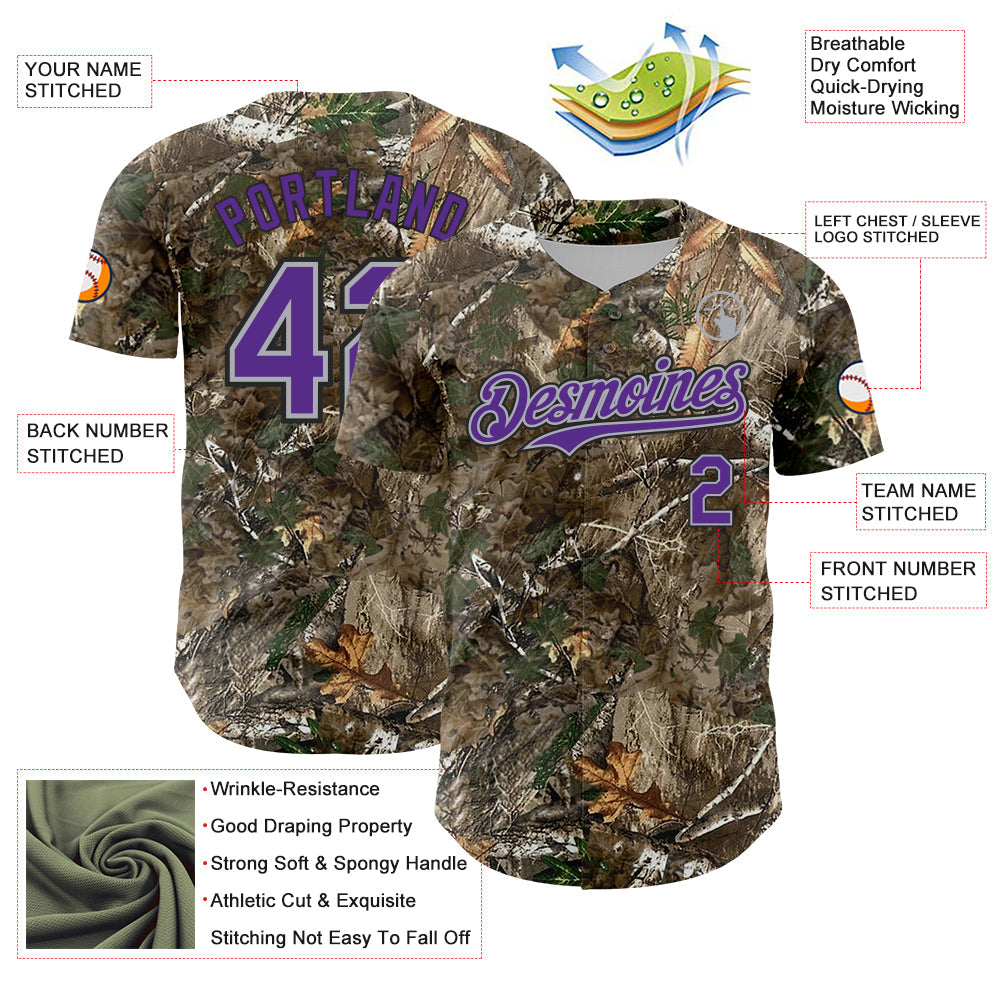 Custom Camo Purple Gray-Black Woodland Forest Camouflage Authentic Salute To Service Baseball Jersey baseball jersey product view 3