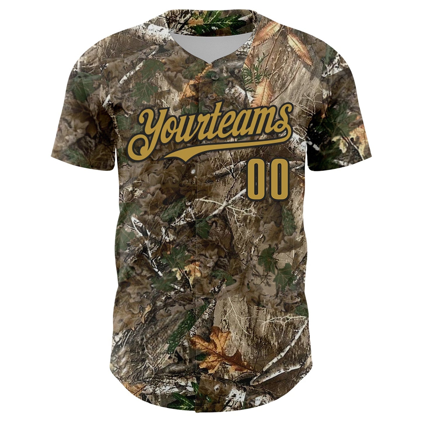 Custom Camo Old Gold-Black Woodland Forest Camouflage Authentic Salute To Service Baseball Jersey baseball jersey product view 2