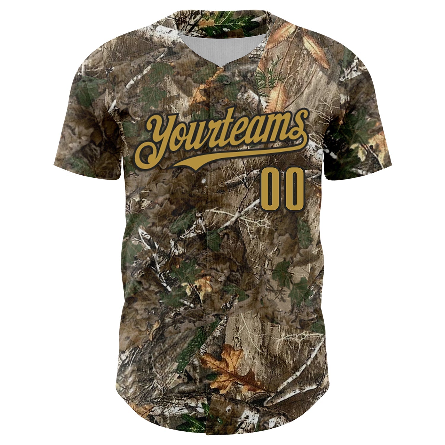 Custom Camo Old Gold-Black Woodland Forest Camouflage Authentic Salute To Service Baseball Jersey baseball jersey product view 2
