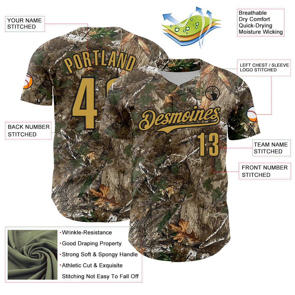 Custom Camo Old Gold-Black Woodland Forest Camouflage Authentic Salute To Service Baseball Jersey baseball jersey product view 3