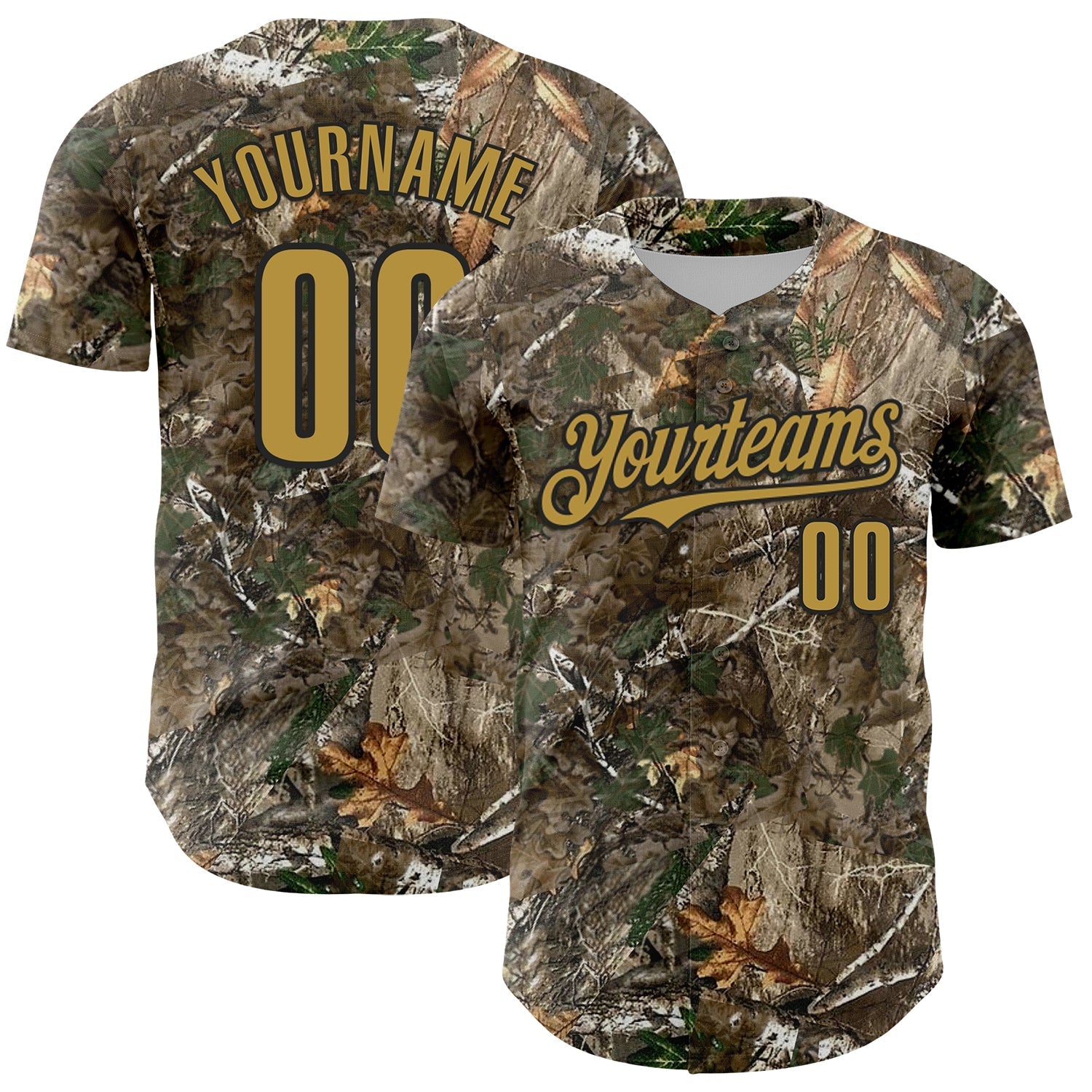 Custom Camo Old Gold-Black Woodland Forest Camouflage Authentic Salute To Service Baseball Jersey baseball jersey product view 1
