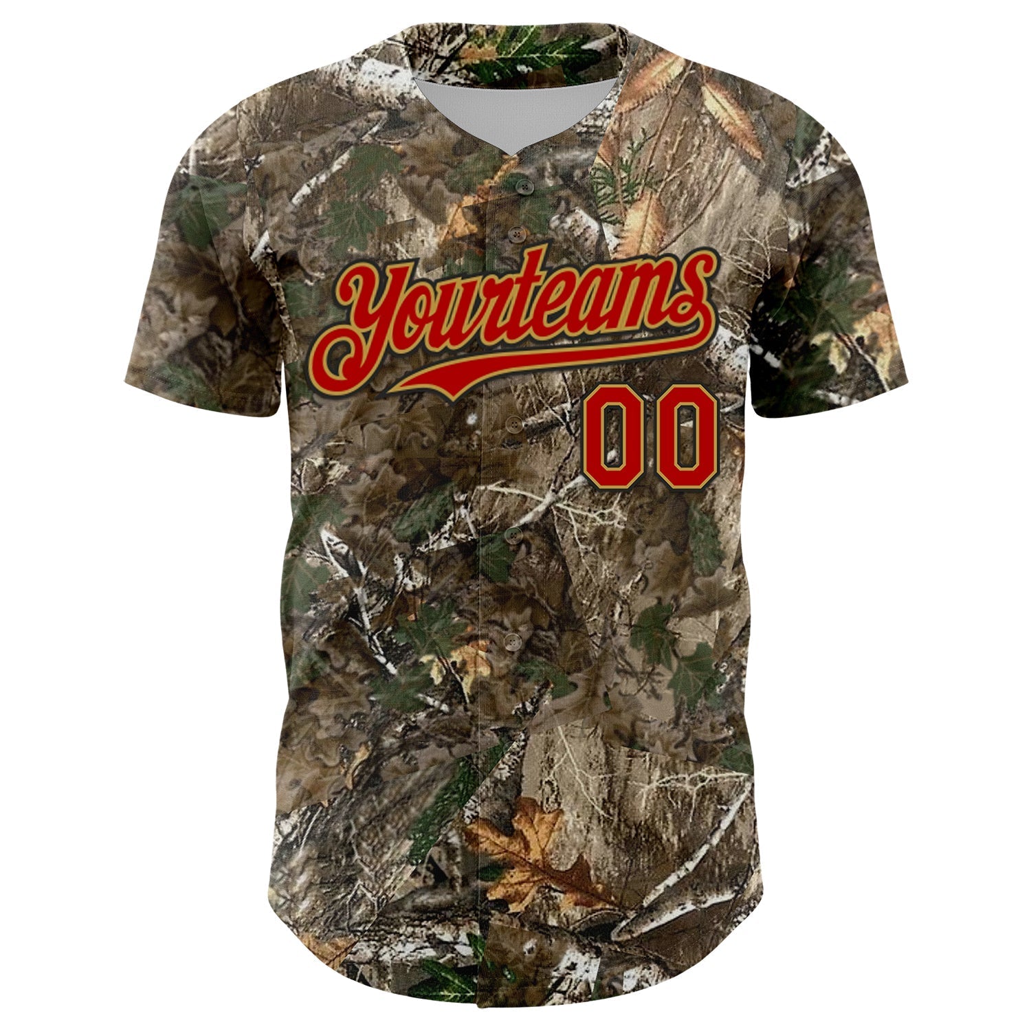 Custom Camo Red Old Gold-Black Woodland Forest Camouflage Authentic Salute To Service Baseball Jersey baseball jersey product view 2